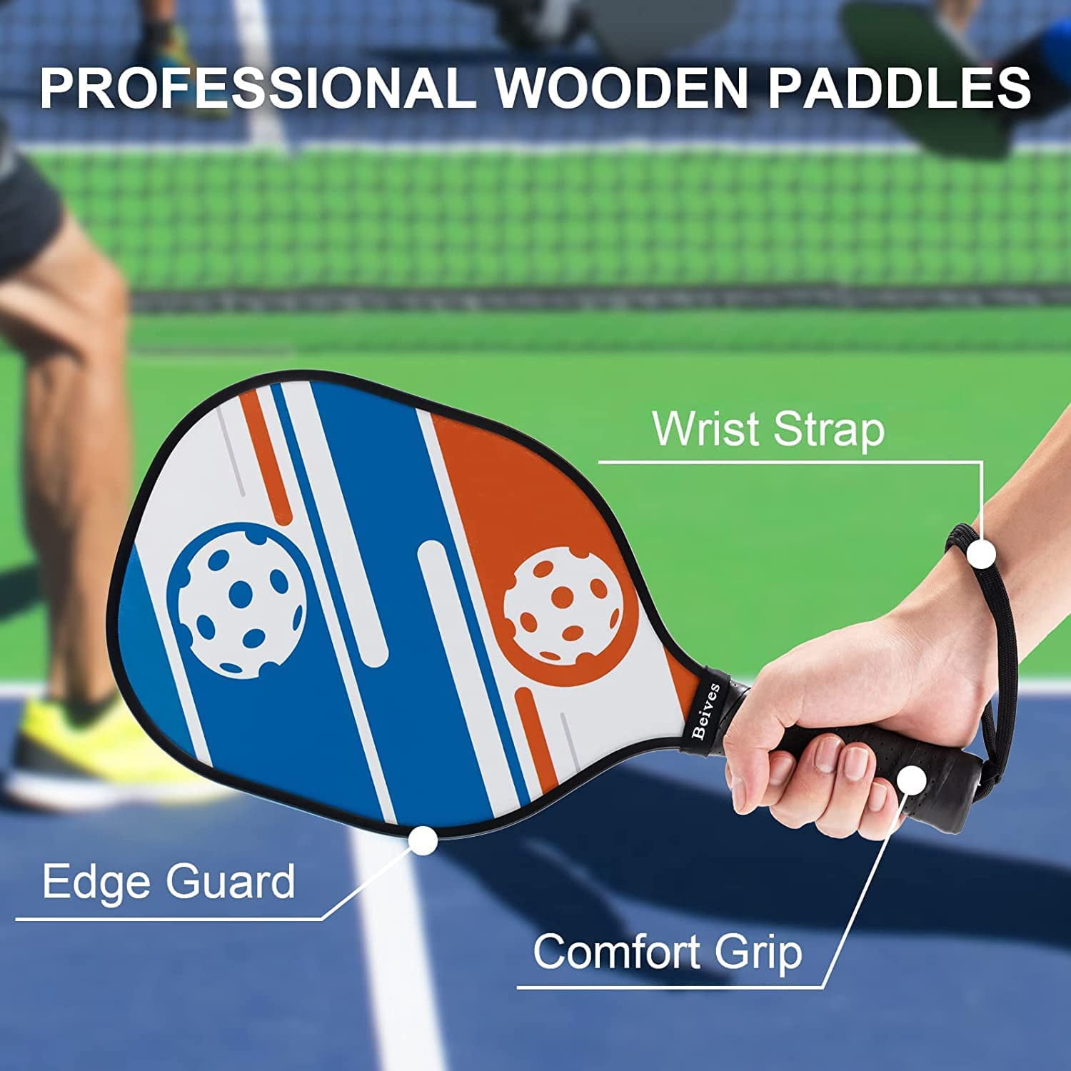 BEIVES Wood Pickleball Paddles Set of 4 - Pickle Ball Rackets with Indoor Outdoor Balls & Bag