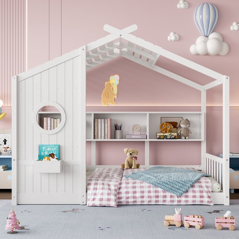 Bellemave Floor House Bed with Storage Shelf, Wood Twin Size Montessori Bed with Fence, Playhouse Beds Frame Can be Decorated, No Box Spring Needed（White)