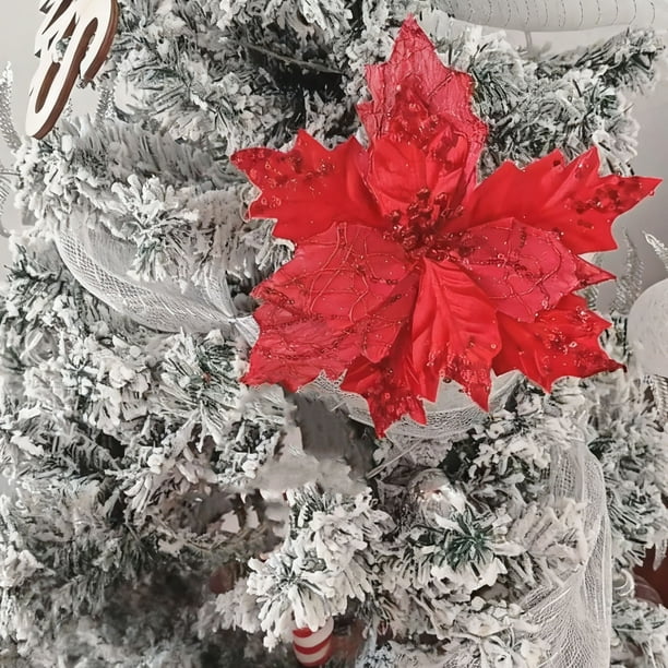 Festive Glittered Poinsettia Ornament Set, Christmas Tree Decorations, Holiday Floral Arrangements, Party & Home Decor Accessories for Seasonal Celebrations and Festive Events