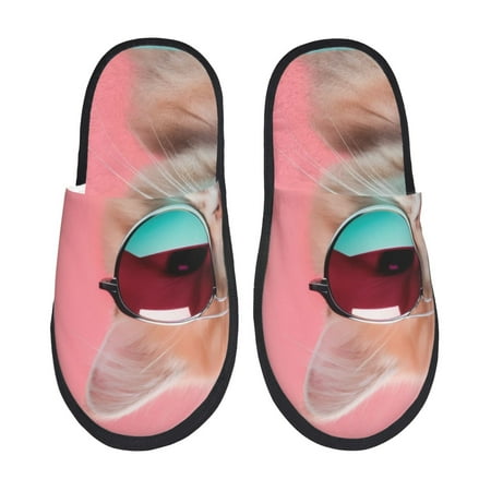 Balery Cool Cat Pink Sunglasses Slient Indoor Furry Fleece Comfort House Shoes Soft Non-Slip Home Shoes Cotton slippers House Slippers-- Large