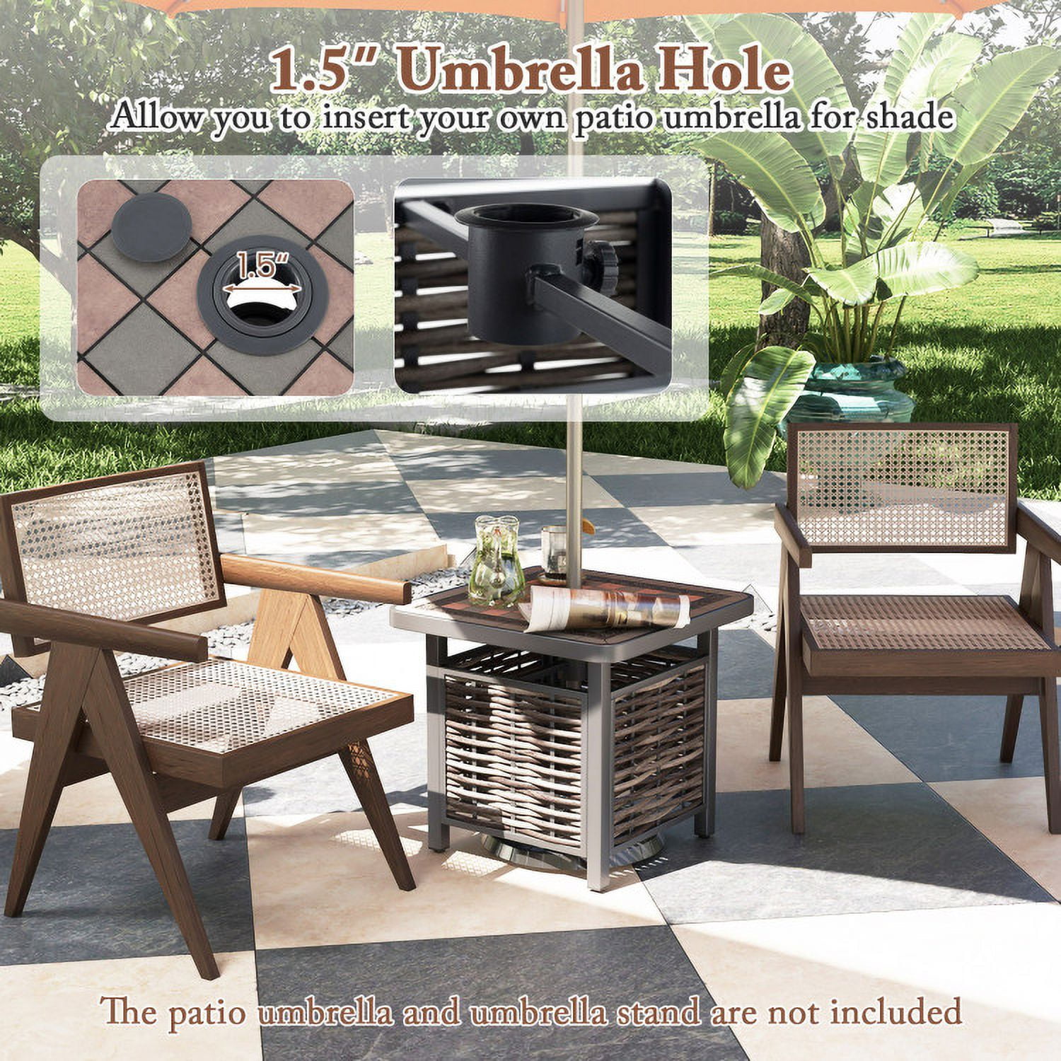 Barara King 21.5 Inches Outdoor PE Rattan Side Table Square End Table with Umbrella Hole