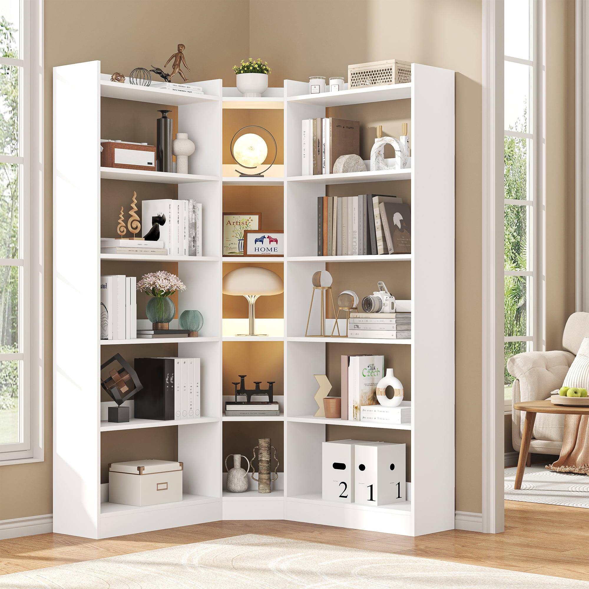 Triple Wide Corner Bookcase with 15 Cube, 6-Tire Bookshelf Display Storage Cabinet, Modern L-Shape Shelf Living Room Furniture for Home Office, White