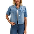 thumbnail image 2 of Chaqueta de mezclilla casual de mujer Inspire Chic con cuello de solapa, manga corta, botones y corte corto, 2XL, azul, 2 of 6