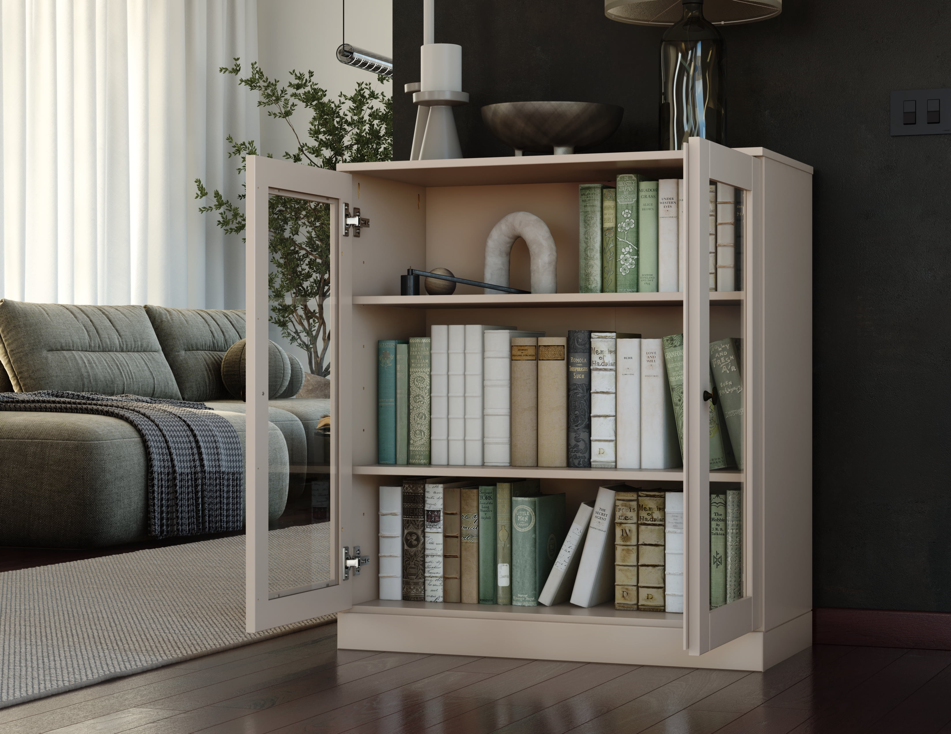 Palace Imports 100% Solid Wood 3-shelf Bookcase with Adjustable Shelves and Glass Doors, Teal Blue