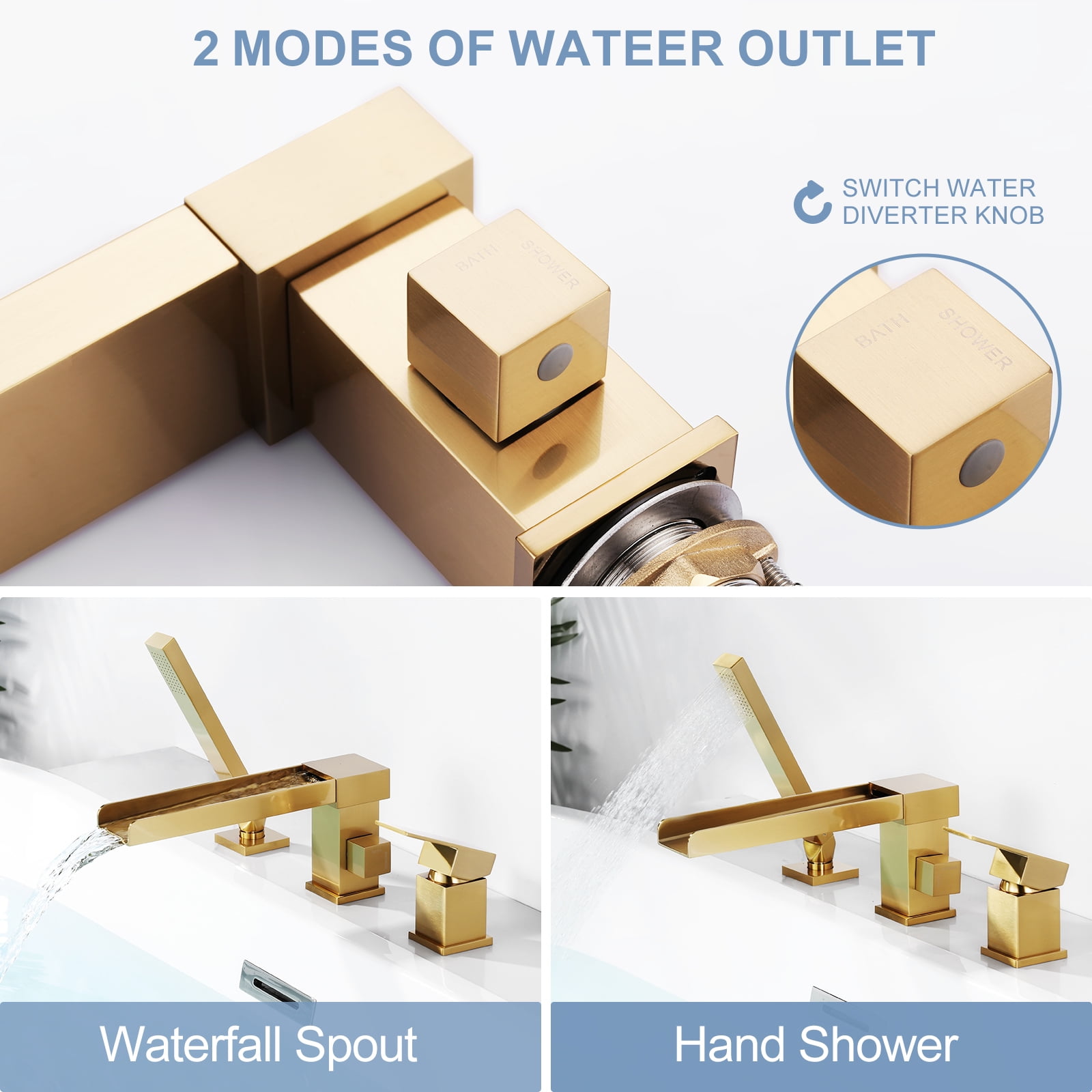 Waterfall Roman Tub Faucets, WOWOW Jacuzzi Tub Faucet Brushed Gold, Garden Deck Mount Tub Faucet, Roman Tub Faucet with Sprayer