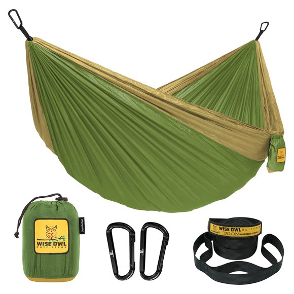 Wise Owl Outfitters Large DoubleOwl Hammock with Tree Straps, Green/Khaki