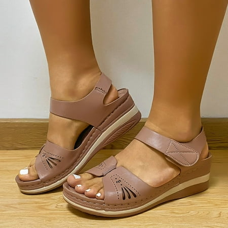 

NEGJ Ladies Solid Color Casual Leather Fish Mouth Hollow Wedge Roman Sandals