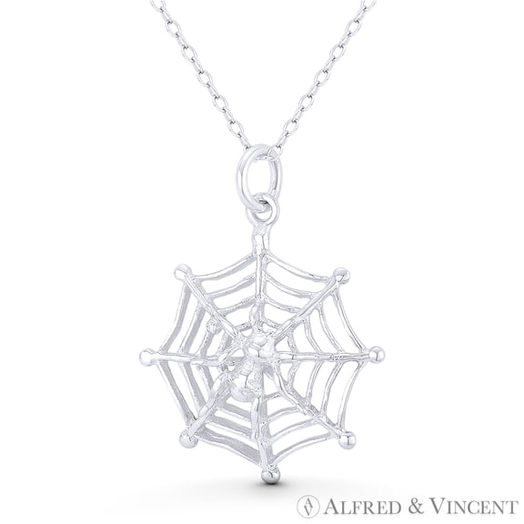 Black Widow Spider on Web Arachnid Charm 31x23mm (1.2x0.9in) Pendant Animism Jewelry & Chain Necklace in .925 Sterling Silver