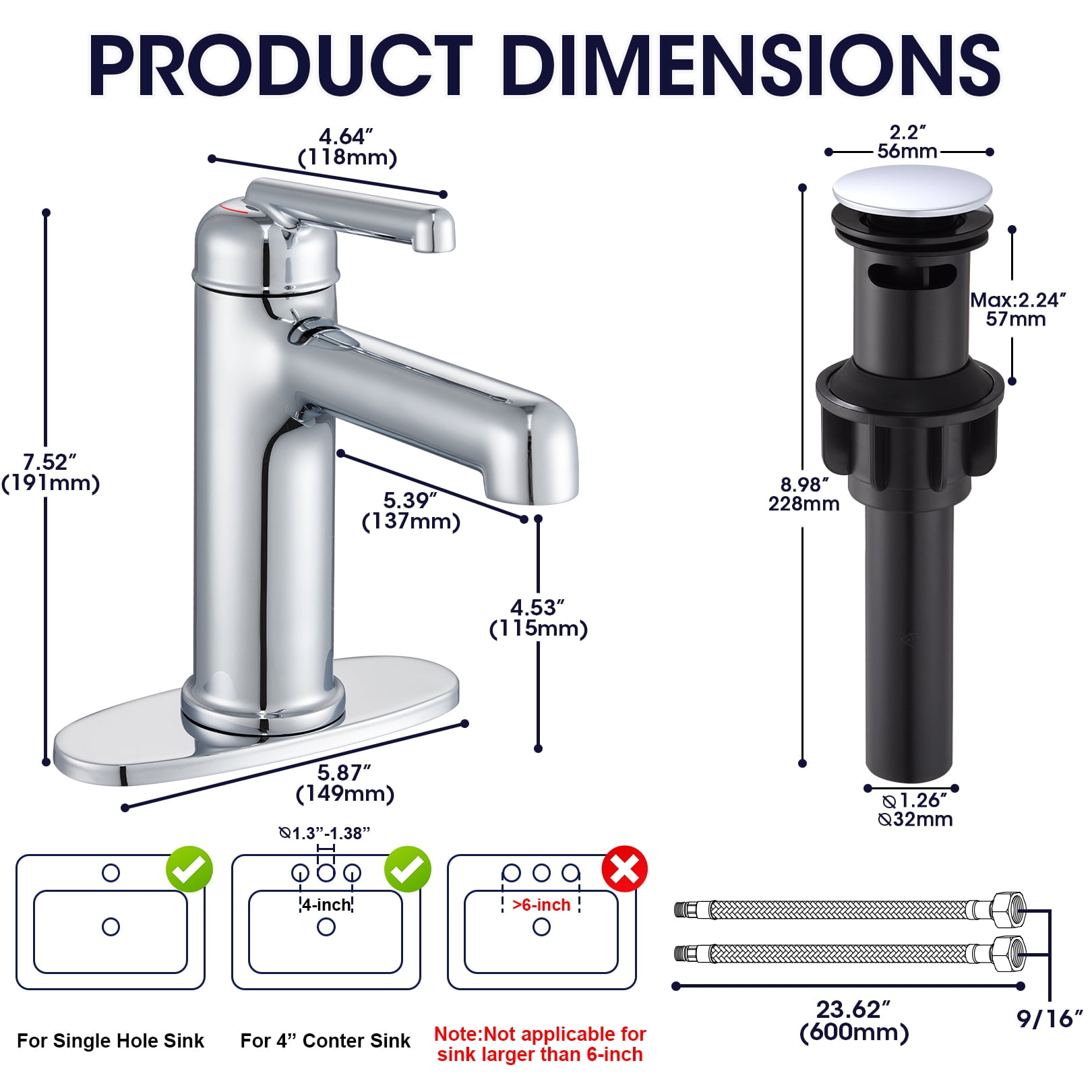 Wowkk Bathroom Sink Faucets Solid Brass Single Handle Bathroom Faucets with Deck Mount 1 Hole or 3 Hole and Supply Line, Straight Spout Vanity Faucet for RV Restroom Hotel, Polished Chrome
