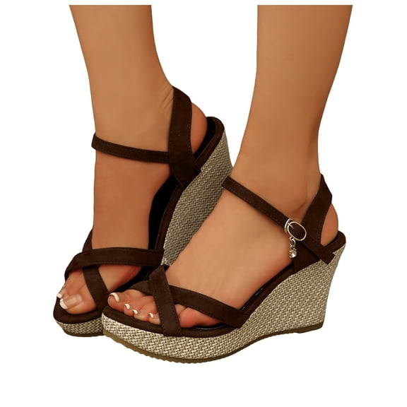 Wedges Heels Sandals for Women Platform Espadrilles Open Toe Buckle Ankle Strap Bride Wedding Dressy Pumps Shoes Coffee Size 7