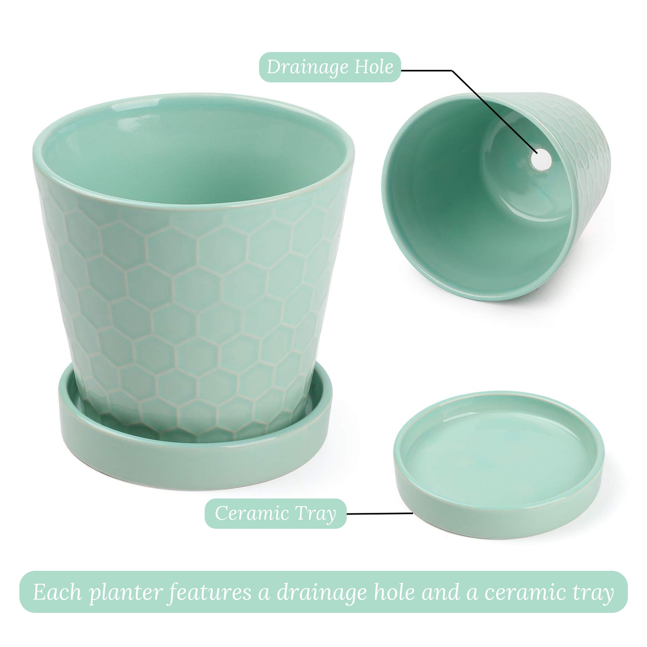 BUYMAX 5" Ceramic plant pots with drainage hole and tray, 4-Pack-1-pattern, gardening home desktop office windowsill decoration， mintgreen flower pots indoor