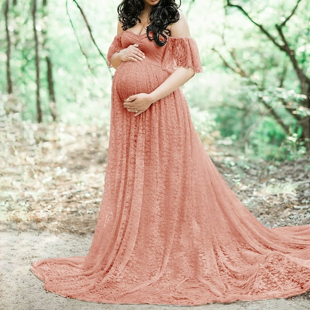 pink baby shower dresses Momyknows Elegant Pink Flare Sleeve Tulle A-Line Flowy Baby Shower Maternity Maxi Dress, Pink / 2XL