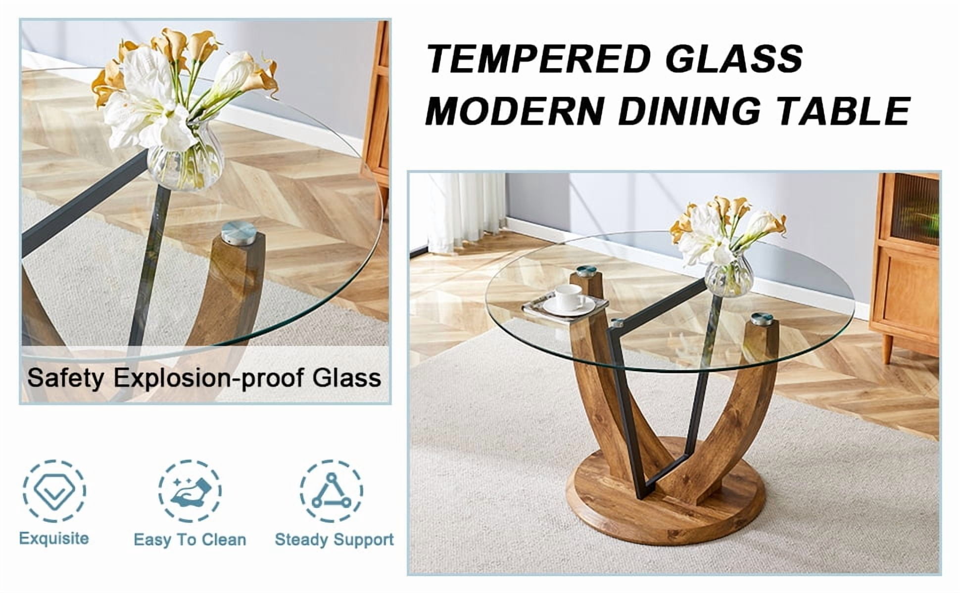 Noble House 48" Round Glass Dining Table,Tempered Glass Top 0.4" Thick,Transparent+Wood