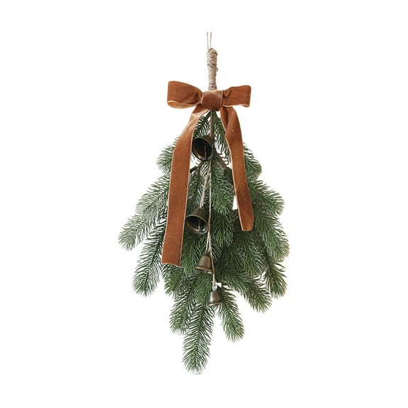 Cedar Teardrop Swag with Ribbon Bow, Rustic Artificial Christmas Greenery Wreath for Outdoor Door, Farmhouse Wall, Tree, and Mantle Decor, Vintage Bells Included