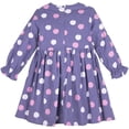thumbnail image 2 of ContiKids Little Girls Ruffle Long Sleeve Polka Dot Pattern Casual Purple Dress with Front Pockets 3-4 Years, 2 of 5