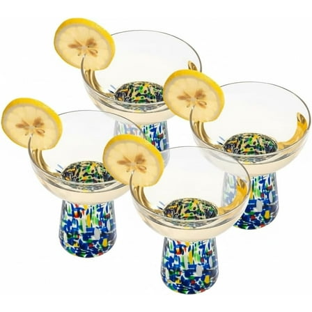 OVENTE Stemless Margarita Glasses Set of 4 with Hand Blow Mexican Confetti Design for Cinco de Mayo and Parties, 8oz Cocktail Glass for Frozen Mixed Drinks, Martini, Sangria and Paloma, Blue MGS44BL