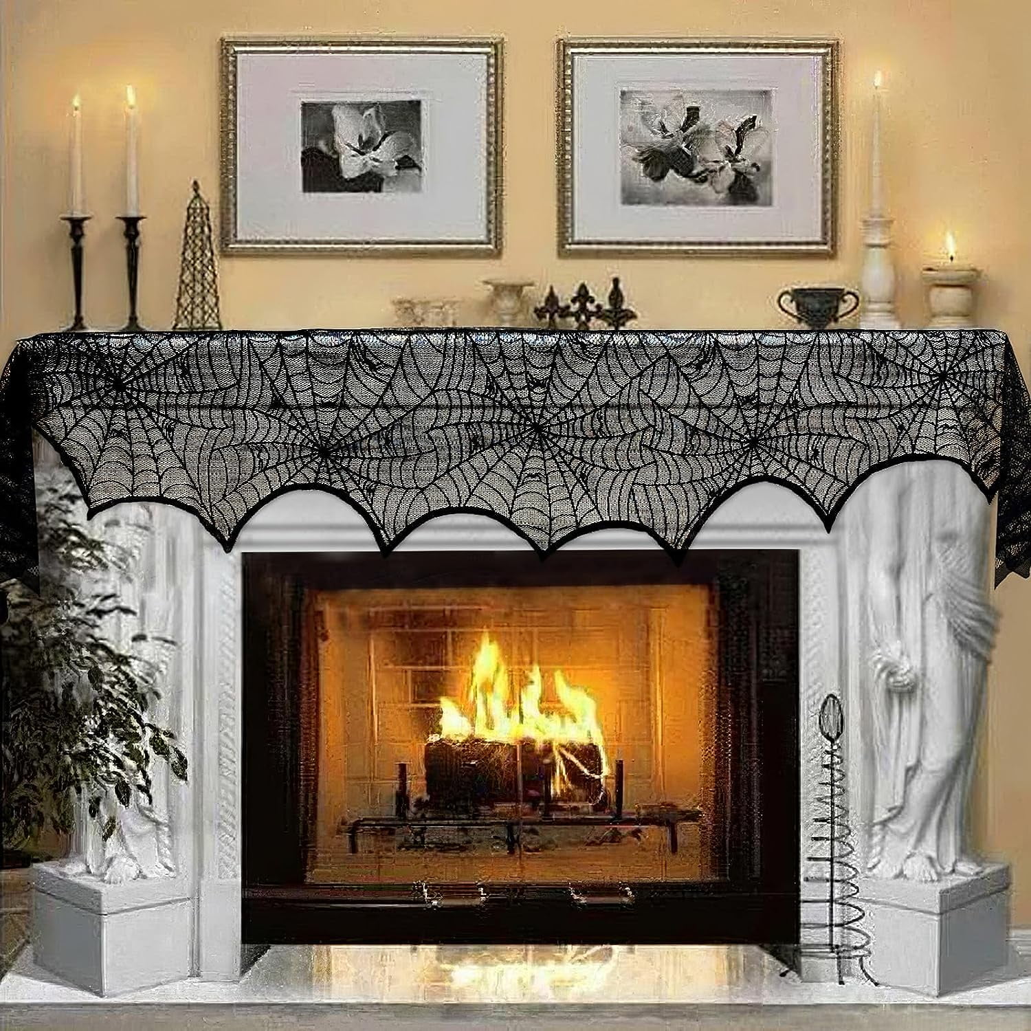 Halloween Decorations Black Lace Spiderweb Fireplace Mantle Scarf ...