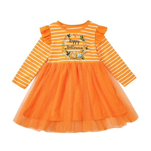 Landzoo Halloween Toddler Girls Dress Striped Print Long Sleeve Crew Neck Loose Fit Girls Dresses Size 4-5 Years