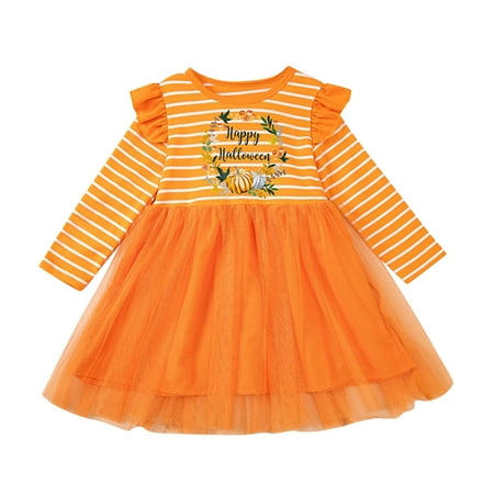 

Toddler Girls Letters Cartoon Pumpkin Printing Flying Sleeve Long Sleeve Stripe Tulle Dress Princess Dress Children s Clothing