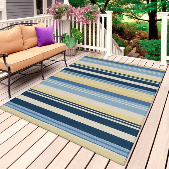 Blue Yellow Striped Outdoor Rug for Patio/Deck/Porch, Non-Slip Large Area Rug 5 x 7 Ft, Farmhouse Stripes Vintage Indoor Outdoor Rugs Washable Area Rugs, Reversible Camping Rug Carpet Runner
