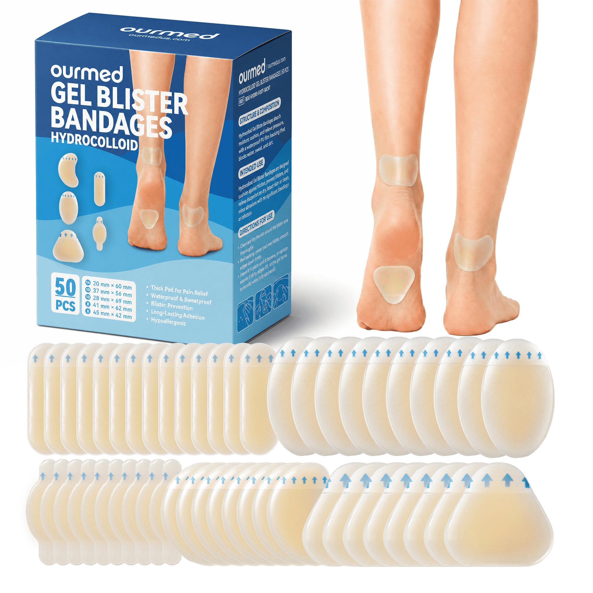 Ourmed Hydrocolloid Gel Blister Bandages, 50 Count, 5 Sizes, Waterproof Foot Pads