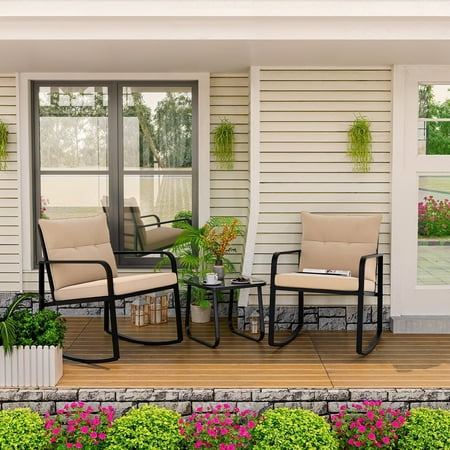 Lofka 3-Piece Patio Furniture Sets Outdoor Conversation Rocking Chairs With Thick Cushion And A Glass Top Coffee Table, Beige Cushion