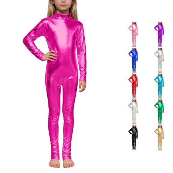 TBWNWG Girls Metallic High Neck Long Sleeve Performance Romper Glitter Gold Back Zipper Dance Stage Wear,Sizes 4-6 Years