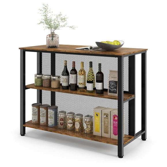 Costway 36" Tall 3-Tier Bar Table with Storage Metal Frame Adjustable Foot Pads Rustic Brown