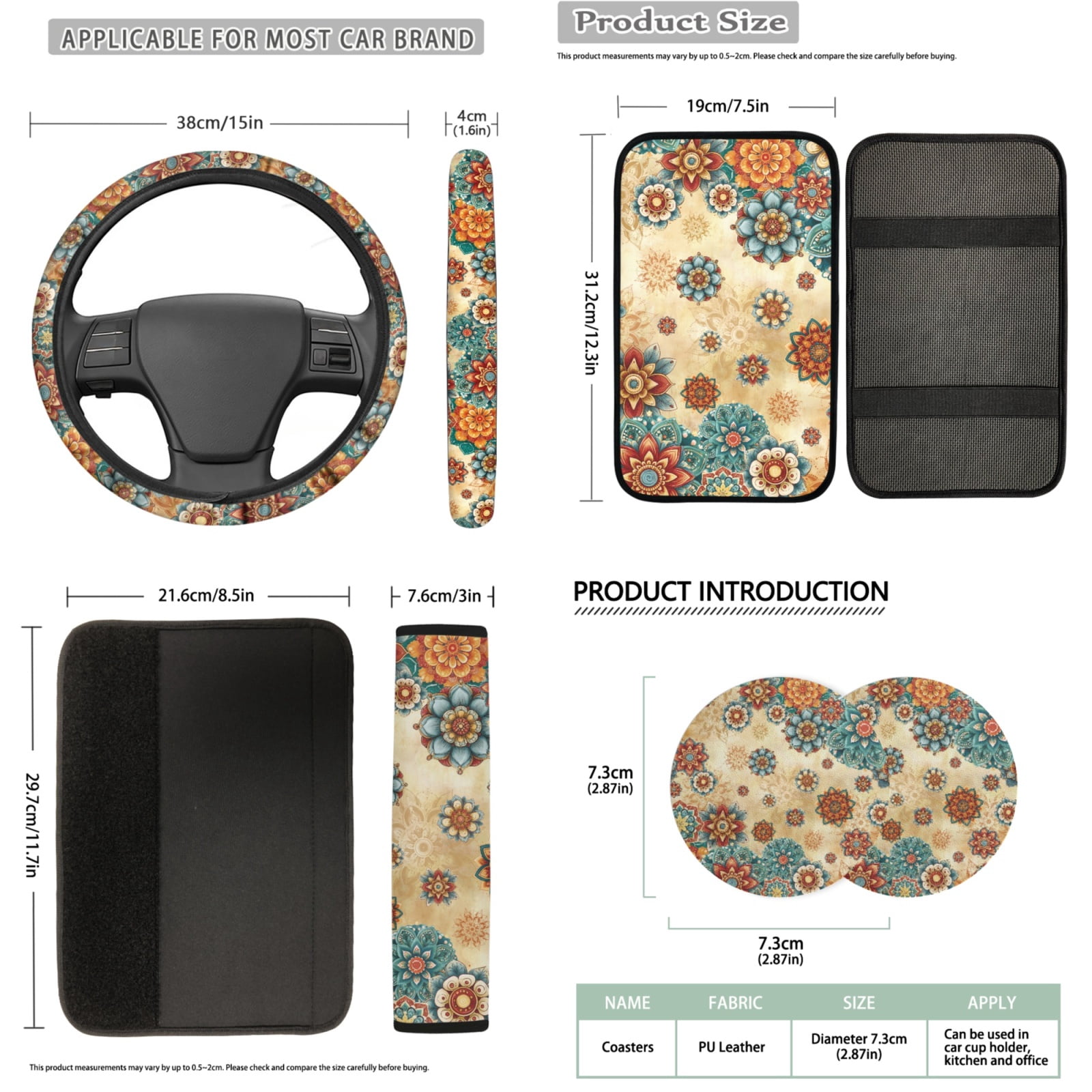 Binienty Boho Dahlia Floral Vehicle Seat Covers Full Set with 15 Inch Steering Wheel Cover Center Console Cushion Seat Belt Covers Coasters Automotive Interior Decor Set 14 PCS​