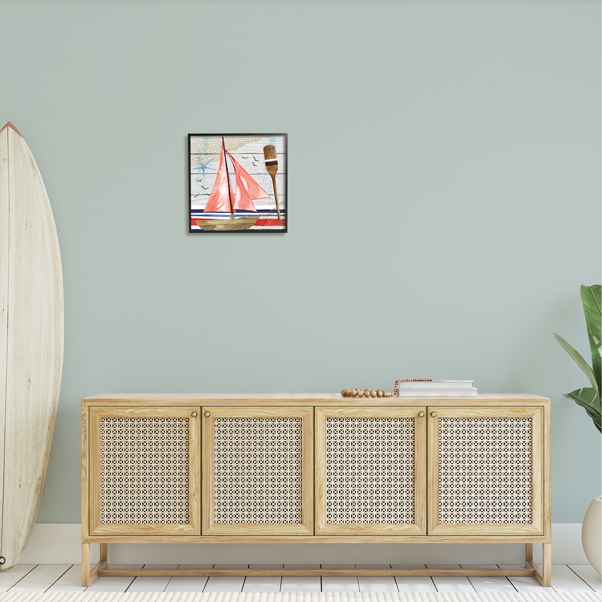 Stupell Coastal Plank Pattern Sailboat Landscape Painting Black Framed Art Print Wall Art