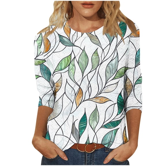 Jsaierl Tops for Women 3/4 Sleeve Summer Round Neck Shirts Dressy Print Ladies Hollow Out Blouses Going Out Elegant Tunic Top S-2XL