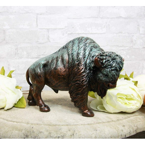 Wild Bison Buffalo Resin Statue In Green Patina Bronze Finish