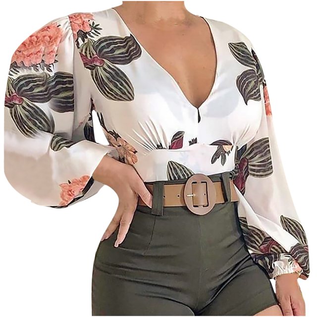 Blouse à Manches Longues Fines pour Femmes, Imprimé Floral, Col en V, pour Femmes