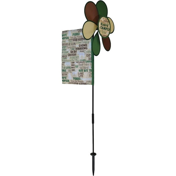 In the Breeze 2656 — Happy Camper Flower Spinner with Garden Flag — Colorful Wind Spinner for Yards, Driveways, Camping