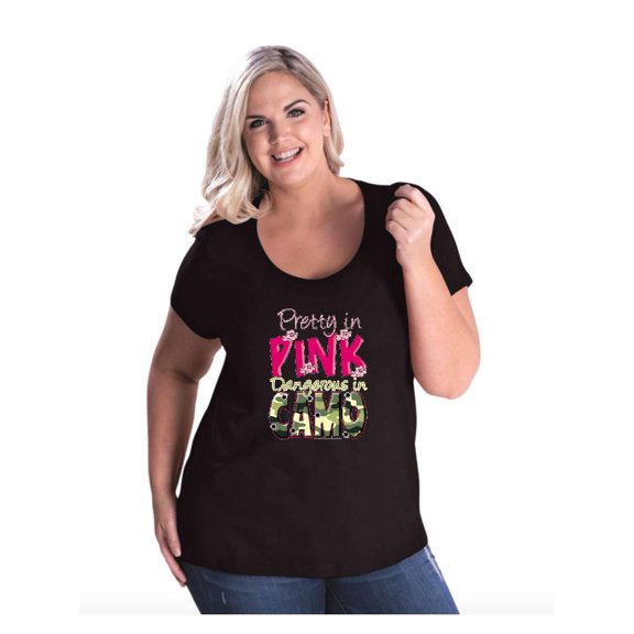MmF - Women's Plus Size Curvy T-Shirt, up to Size 28 - Pretty in Pink Dangerous in Camo