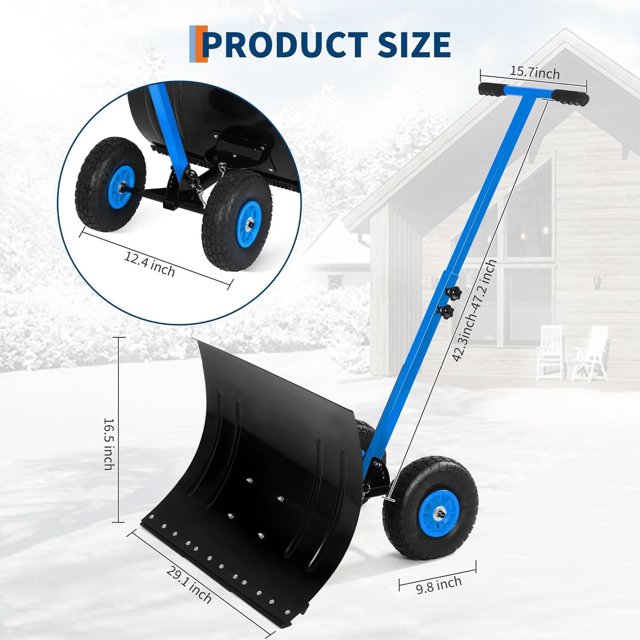 Eastvita Pelle à Neige 29,1 L x 16,5 H avec Roues, Pousse-Neige Robuste avec Poignée à Angle/hauteur Réglables pour le Déneigement (Bleu)
