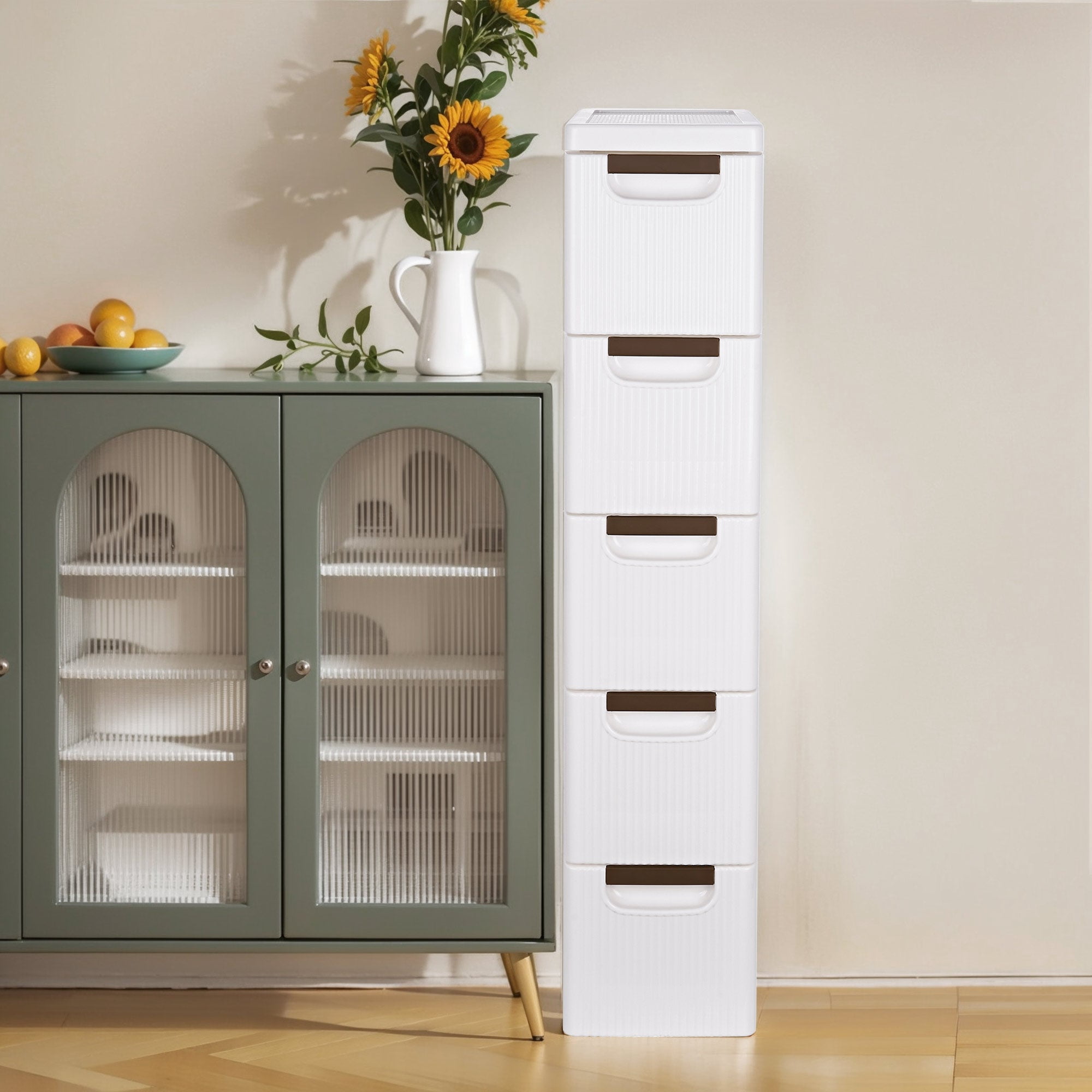 VECELO 5 Drawers Small Bathroom Stackable Storage Cabinet Floor Side Cabinet, Freestanding Plastic Narrow Lim Corner Slide Out Drawer Storage, For Bedroom Kitchen, White