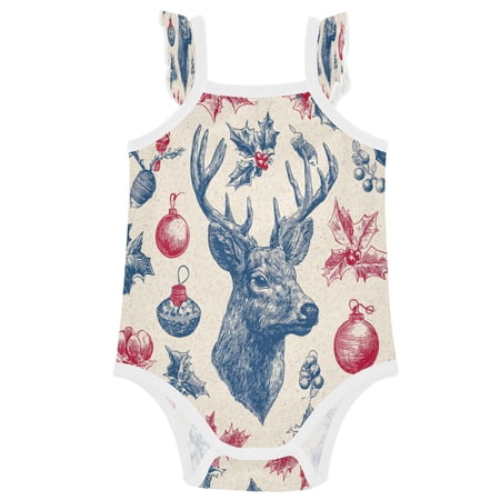TTYFWHD Infant Toddler Baby Girl Romper Christmas Reindeer-themed Pictorial Ruffle Sleeveless Cotton Summer One Piece Bodysuit 3-24M