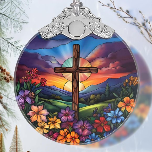 Adorno colgante Jocidea Cross Spring Flower, vitral