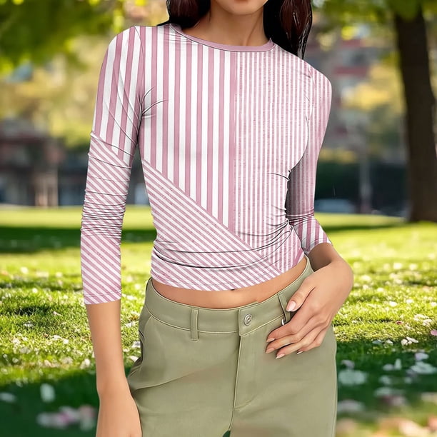 TaTaai Women Fashion 3/4 Sleeve Round Neck Tops Random Print Cropped Slim Fit Stretchy Soft Comfy Casual Daily Outfits Blouses Gift