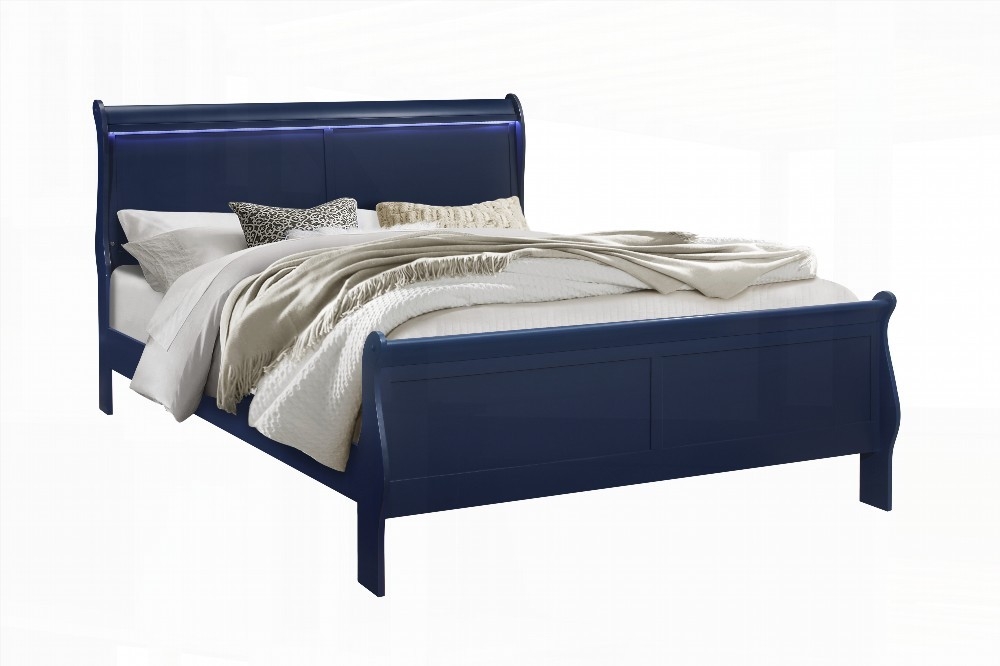 King Size Metal Platform Bed Frame with LED Lighting, Blue, for Bedroom
