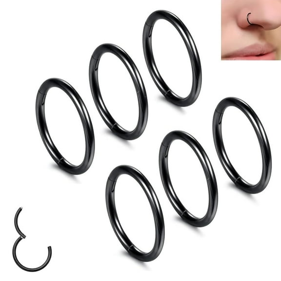 18G Nose Rings,6 Pcs Hoop Septum Clicker,Hinged Segment Ring,Lip Ear Piercing Earrings for Cartilage Helix Tragus Conch Rook,Stainless Steel Inner Diameter 6mm to 10mm(Black)