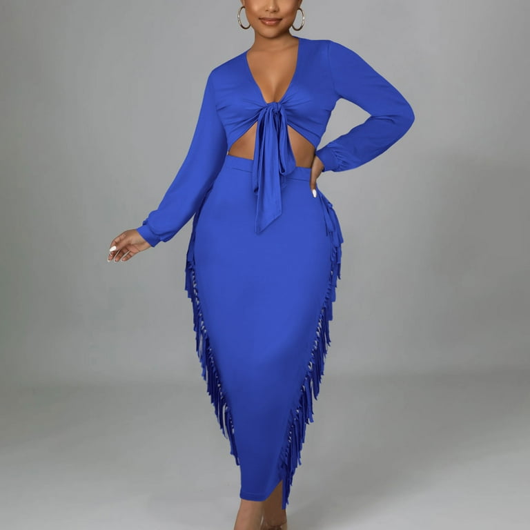 Long Sleeve Blue Dress With Tassels Women Blue Fringe See Through