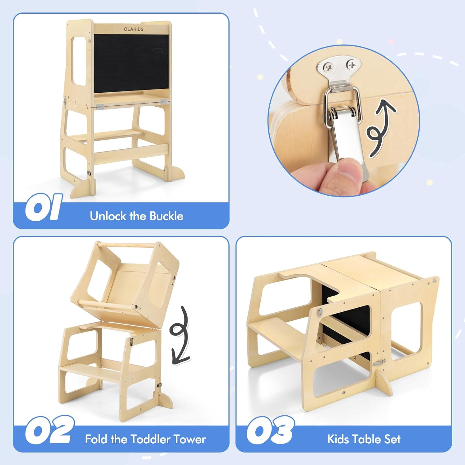 OLAKIDS Kids Table and Chair Set, 4 in 1 Foldable Wooden Activity Table with Blackboard Easel, Montessori Step Stool Table and Chair Set, Toddler Furniture Table for Playing Drawing Reading or Eating
