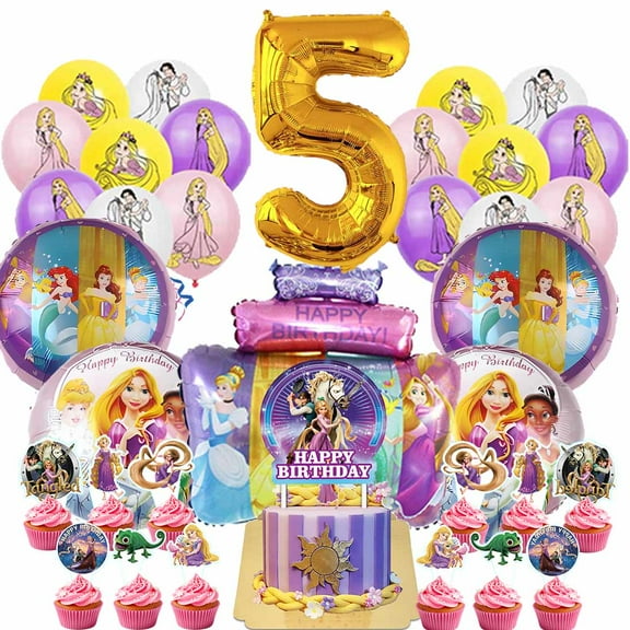 Long Hair Princess Party Supplies 5th Decor Kit Balloons Birthday Cake Topper Decorations