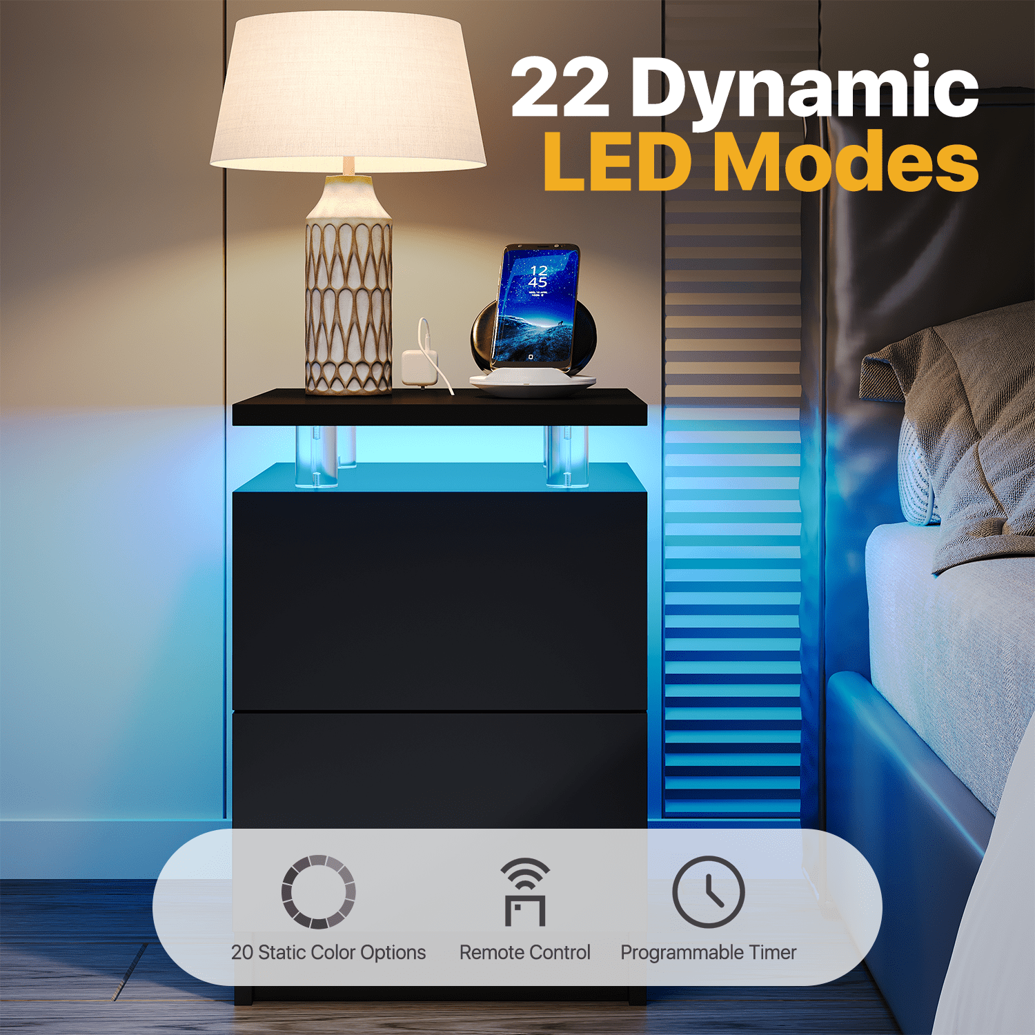 Sonegra Nightstand Set of 2, LED End Table with 2 Storage Drawers, Sofa Side Table for Living Room and Bedroom, Black 15IN