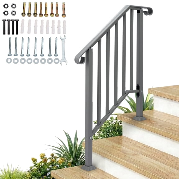 Ktaxon 2-Step Metal Stair Handrail, Indoor Outdoor Safety Railing for Patio Steps and Residential Single-Step Elevations, Black Silver