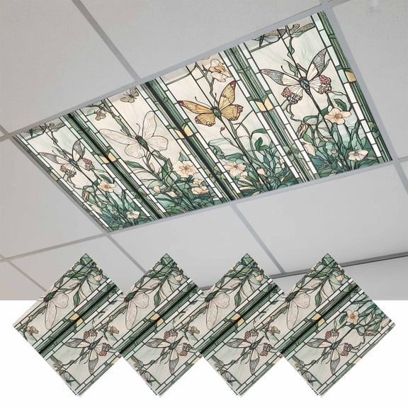 Retro Butterfly Fluorescent Light Covers, Green Spring Floral Botanical Magnetic Light Covers for Ceiling Lights, Fluorescent Ceiling Shade Filters for Classroom Bedroom Office 4x2Ft x 4PCS