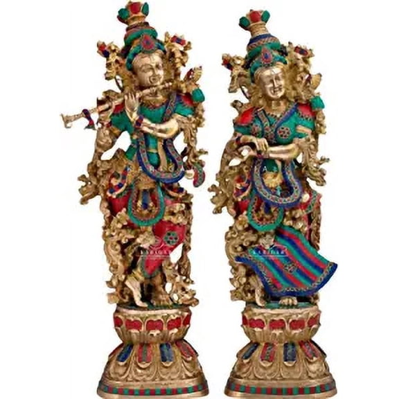 Radha Krishna Statue Large, 46 cm Big Size Brass Divine couple Radha Krishna Idol, Home Entrance Decor, Multicolor Studded work Golden brown finish Sculpture Anniversary Hindu Marriage gift