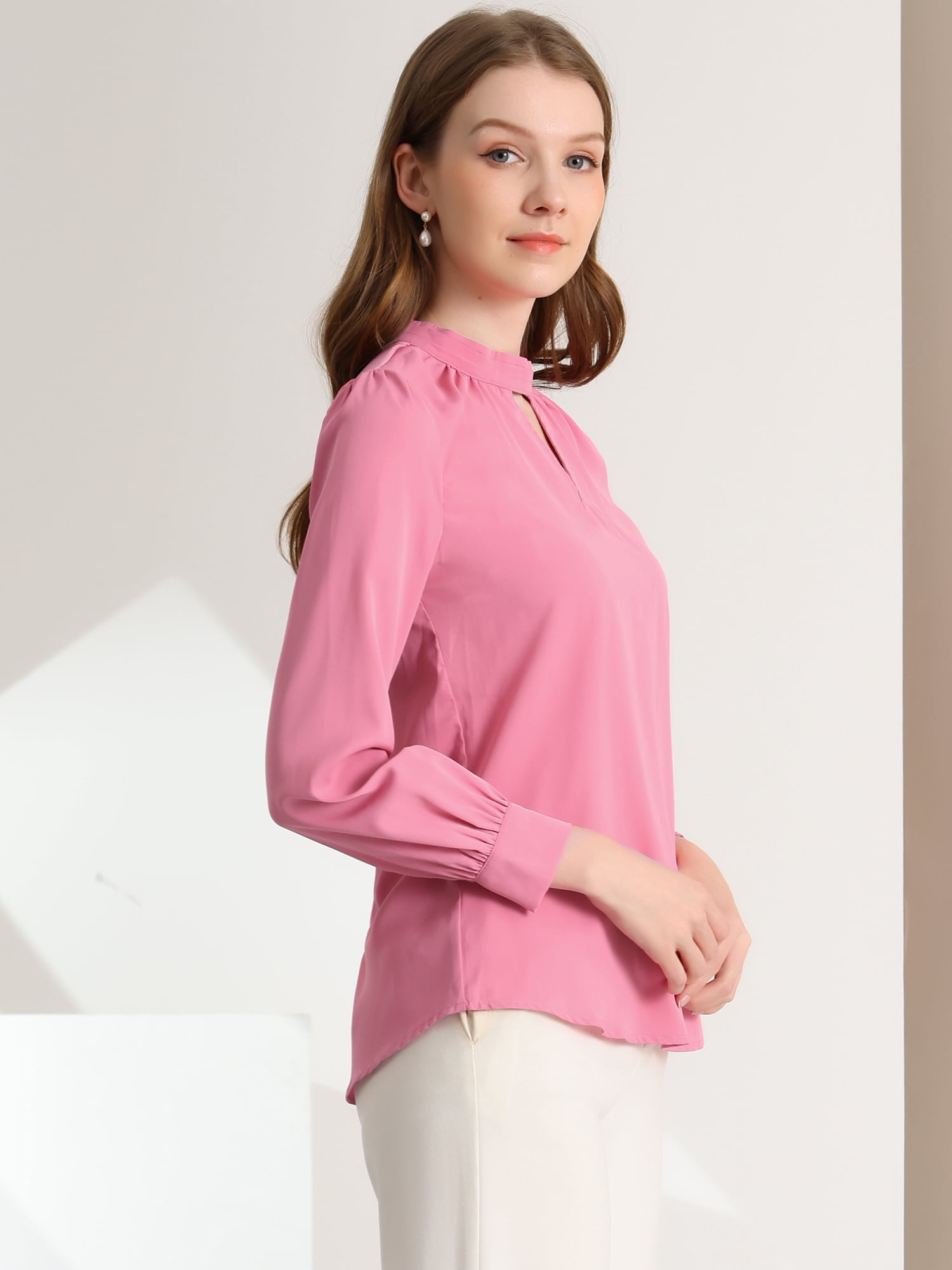 DARING DIVA Women's Stand Collar Long Sleeve Office Blouse M Rose Pink